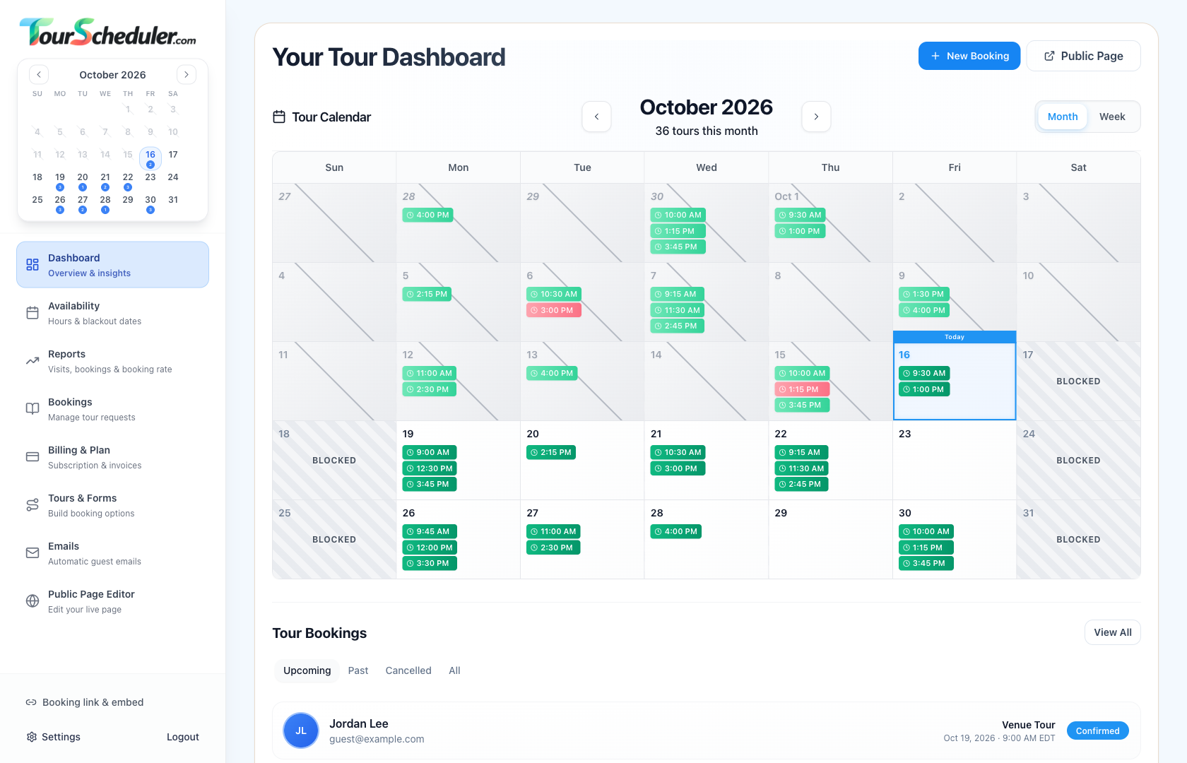 The TourScheduler venue dashboard, showing a full month of scheduled tours, blocked weekends, and upcoming bookings.